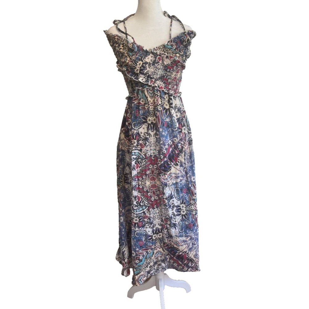 Anthropologie S Smocked Gauze Criss Cross Off Shoulder Maxi Dress Beach Resort